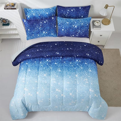 Blue Glitter Comforter Set Full/Queen Size for Boys Girls, Sparkle Galaxy Twinkle Starlight Kids Teen, 3 Piece Aqua Navy Ombre Bedding with 2 Pillow Cases(Blue,Queen), Queen(3-Piece)
