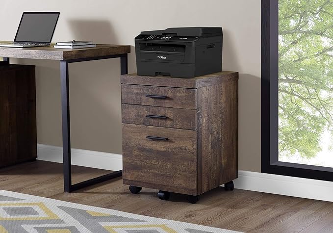 Monarch Specialties 7400, Rolling Mobile, Storage, Printer Stand, Office, Work, Laminate, Brown, Contemporary, Modern Filing Cabinet-3 Drawer Reclaimed Wood/Castors, 18.25" L x 17.75" W x 25.25" H