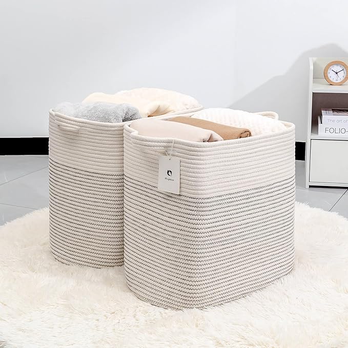 Hampers for Bins Large Blanket Basket,Storage Basket Rectangle Woven Baskets for Storage, Nursery Cotton Rope Basket Living Room, Toy Basket For Organizing, With Handle Dirty Clothes Basket
