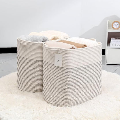 Hampers for Bins Large Blanket Basket,Storage Basket Rectangle Woven Baskets for Storage, Nursery Cotton Rope Basket Living Room, Toy Basket For Organizing, With Handle Dirty Clothes Basket