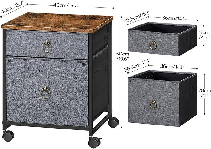 HOOBRO File Cabinet, 2-Drawer Filing Cabinet, Vertical Mobile Office Cabinet, Rolling Printer Stand, for A4/Letter Size Files, Nonwovens Drawer, for Home Office, Rustic Brown and Gray BFG21WJ01