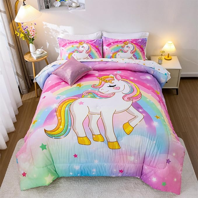 Aimuan Girls Unicorn Comforter Set 6 Pieces Pink Purple Bedding Set with Rainbow Star Galaxy Stars Fantasy Children Room Decor Soft Reversible Bed Sets for Boys/Girls/Teens (Rainbow Full6Pcs)