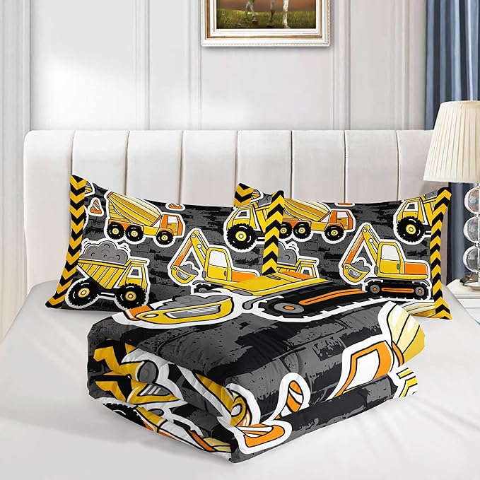 Datura home Kids Construction Truck Comforter Set for Boys Kids,Excavators Truck Machinery Vehicles Tractor Printed Bedding Set with 1 Comforter and 2 Pillowcases(Truck Yellow Full), Full 80x90inches
