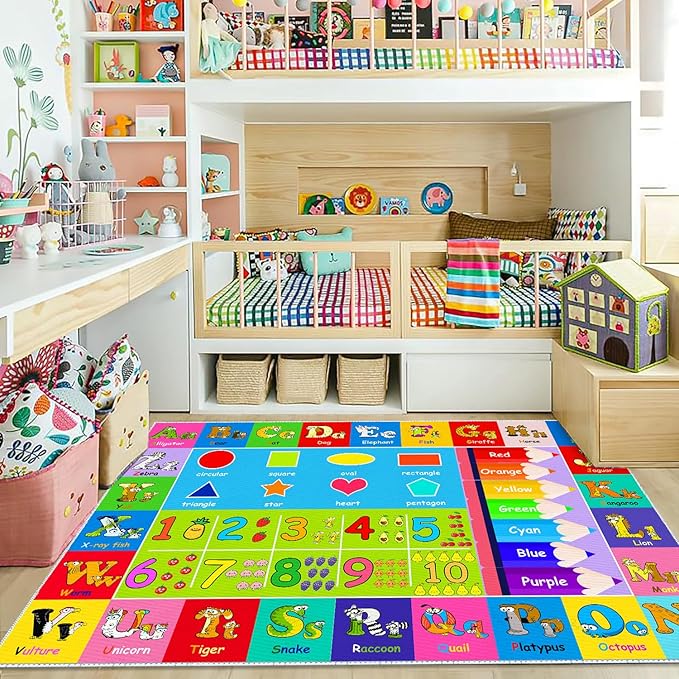 Kids Alphabet Play Game Rug - 5' 3" x8' ABC Numbers and Shapes Educational Learning Toddler Carpet - Kids Room Playroom Classroom Kindergarten Activity Fun Soft Non-Slip Mat