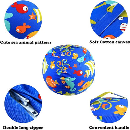 Stuffed Animal Storage Bean Bag Chairs Toy Storage Organizer Bean Bags Chair Cover for Kids 24" Cotton Canvas Beanbag with Zipper for Organizing Kid's and Adults Room, (Blue sea world, 24" x 1)