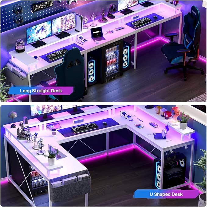 U Shaped Computer Gaming Desk, Reversible L Shaped Desk with Power Outlets, LED Strip & Monitor Stand, Large Corner Desk with Storage Shelves for Home Office, White