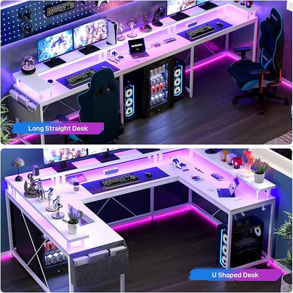 U Shaped Computer Gaming Desk, Reversible L Shaped Desk with Power Outlets, LED Strip & Monitor Stand, Large Corner Desk with Storage Shelves for Home Office, White