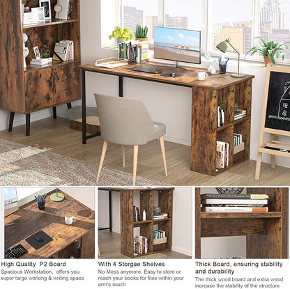Homfio 47.2'' Computer Desk with Storage Shelves, Modern Home Office Desk Computer Table with Cabinets, Student Studying Writing Desk Wood Desk Workstation for Home Office, Rustic Brown