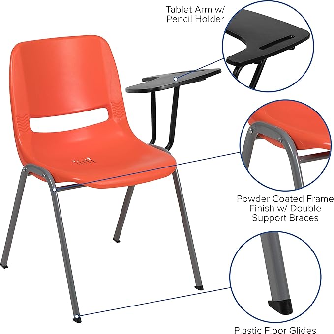 Flash Furniture HERCULES 5 Pack Orange Ergonomic Shell Chair with Left Handed Flip-Up Tablet Arm