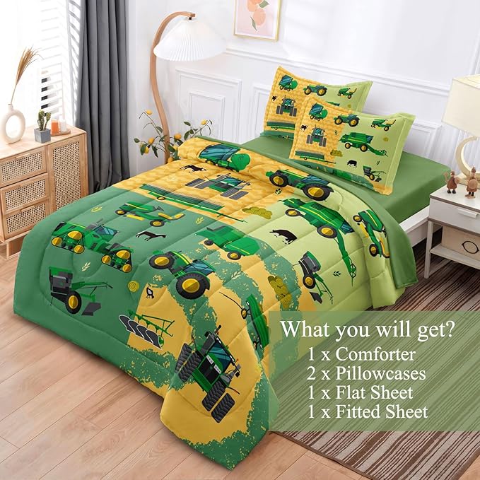 Full Construction Bedding Set for Boys Kids Farm Tractor Bedding 5 Pieces Cars Full Comforter Set for Boys, Full Truck Bed in a Bag Set Boys