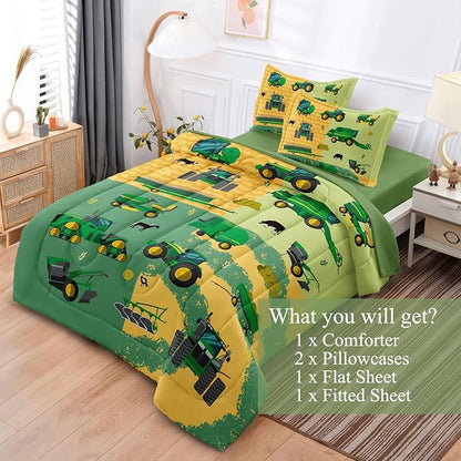 Full Construction Bedding Set for Boys Kids Farm Tractor Bedding 5 Pieces Cars Full Comforter Set for Boys, Full Truck Bed in a Bag Set Boys