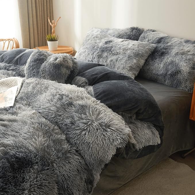 Tie dye Dark Gray Plush Fluffy Comforter Cover Set Queen - Ultra Soft Faux Fur tie dye Bedding Sets 3 Pieces (1 Shaggy Duvet Cover + 2 Pillow case) Fluffy Bed Set (Tie Dye Dark Gray, Queen)
