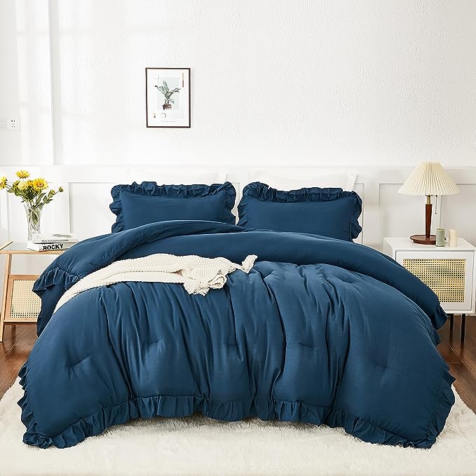 Andency Navy Blue Queen Comforter Set, 3 Pieces Boho Lightweight Solid Bedding Sets for Queen Bed, Fluffy Soft Double Women Men Microfiber Bedding Set