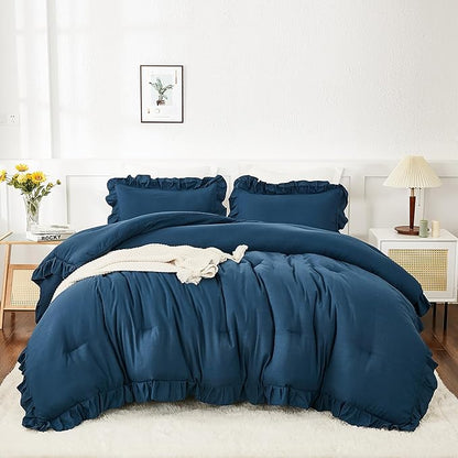 Andency California King Comforter Set Navy Blue, 3 Pieces Cal King Solid Ruffle Shabby Chic Bedding Comforter, Oversized Lightweight Soft Microfiber Bed Comforter