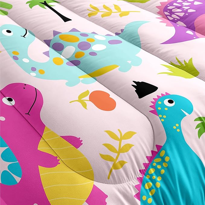Dinosaur Twin Bedding Set, Cartoon Dinosaur Comforter Set Twin Girl Bedding Set for Girls Room Soft Breathable Dino Quilt Kids Bedding Set for All Season, 1 Comforter 1 Pillowcase