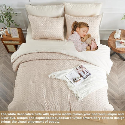 Twin Size Tufted Kids Comforter Set 6 Piece Beige Jacquard Tufts Embroidery Bedding Set for Boys Girls Bed in A Bag Quilt with 1 Comforter, 1 Flat Sheet, 1 Fitted Sheet, 1 Pillowcase and 2 Pillow Sham