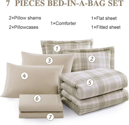 Beige King Size Comforter, Khaki Green Plaid King Comforter Set or Boys & Girls,Classic Homestead-style King Bedding Sets with King Size Bed Sheets and Comforter Sets
