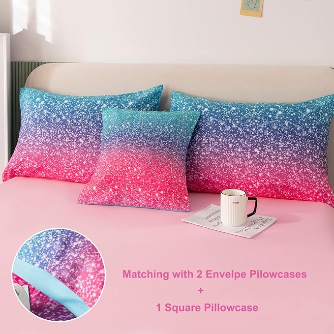 PERFEMET 6Pcs Pink Full Size Comforter Sets for Girls Colorful Rainbow Glitter Kids Bedding Set Sparkly Pastel Ombre Teen Girl Bed in A Bag Comforter Set with Sheets (Pink Blue, Full)