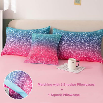 PERFEMET Girls Comforter Set Queen Size, 6 Piece Bed in A Bag, Colorful Rainbow Bedding Set with Comforter and Sheet, Gradient Pink Glitter Galaxy Bed Set for Teen Girls Kids Women, Blue Turquoise