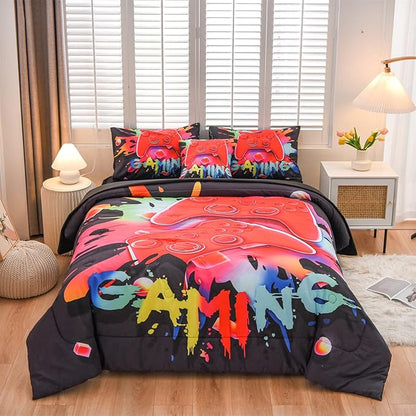 Aimuan Gamer Gaming Bedding Sets 3D Gamepad Comforter Sets for Boys Games Console Action Buttons Novelty Colorful Game Controller Modern Room Decor Home Quilt Set (Black, Full 6PCS)