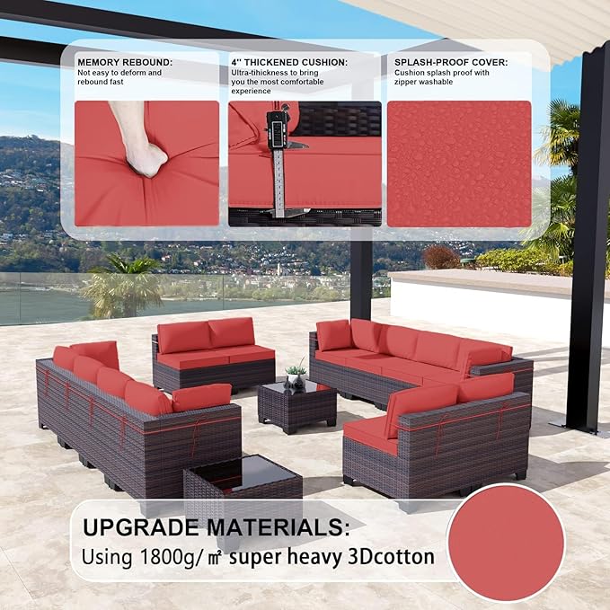Kullavik 14PCS Outdoor Patio Furniture Set PE Wicker Rattan Sectional Sofa Patio Conversation Sets,Red
