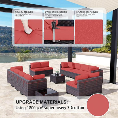 Kullavik 14PCS Outdoor Patio Furniture Set PE Wicker Rattan Sectional Sofa Patio Conversation Sets,Red