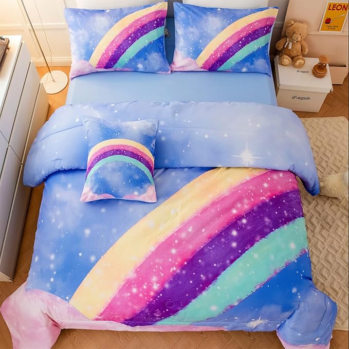 Aqua Blue Full Size Kids Comforter Sets for Girls, 6Pcs Colorful Rainbow Gradient Bedding Set, 3D Glitter Galaxy Bed in A Bag with Comforter, Sheets and Pillowcases for Teens