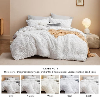 Bedsure Full Size Comforter Set - White Comforter, Boho Tufted Shabby Chic Bedding Comforter Set, 3 Pieces Vintage Farmhouse Bed Set for All Seasons, Fluffy Soft Bedding Set with 2 Pillow Shams