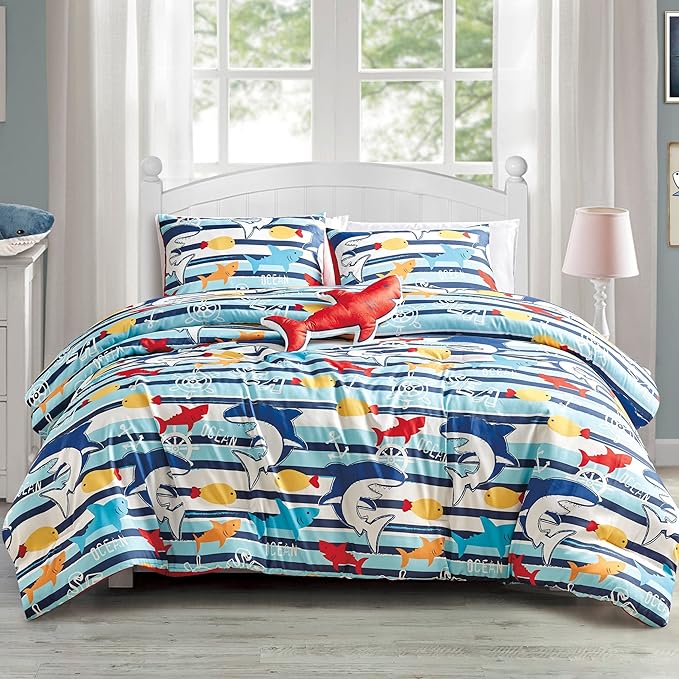 for Kids Ocean Life 4-Piece Comforter Set - Beautiful Motif Design Bedding Set with Embrodery Print