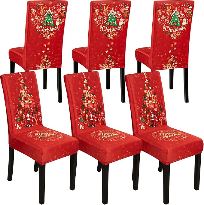 6PCS Christmas Dining Chair Covers, Stretch Removable Washable Dining Room Chair Protector Slipcovers, Xmas Tree Heart Kitchen Chair Cover, Slipcover Protector for Xmas Holiday Party Home Décor