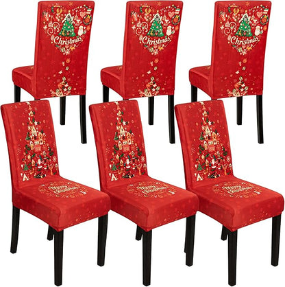 6PCS Christmas Dining Chair Covers, Stretch Removable Washable Dining Room Chair Protector Slipcovers, Xmas Tree Heart Kitchen Chair Cover, Slipcover Protector for Xmas Holiday Party Home Décor