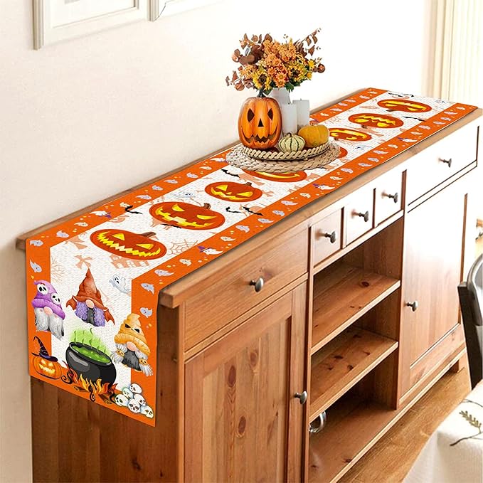 Halloween Table Runner, Halloween Table Runner 108 Inches Long, Halloween Gnomes Pumpkins Runners for Table, Black Cat Trick or Treat Decor Extra Long Burlap Runner Rug for Decorations Dining Room