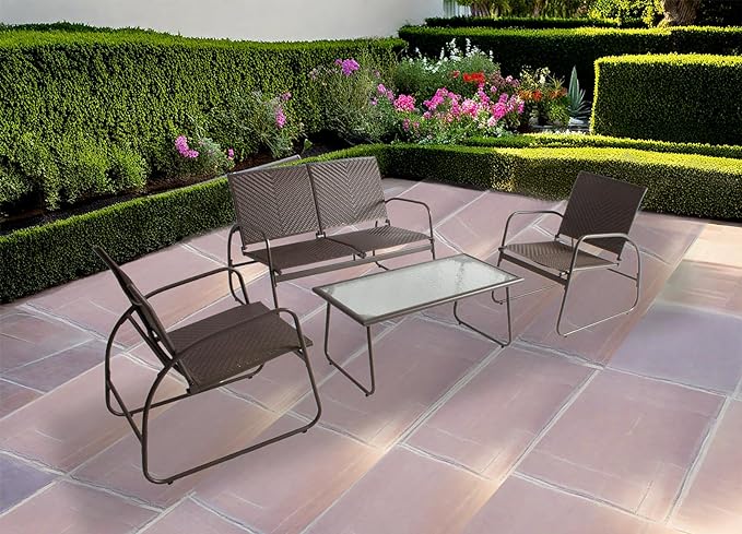Mapleleaf 4 Pieces Rattan Patio Furniture Set, Outdoor Wicker Conversation Sofa Set, Rattan Chair and Glass Coffee Table for Yard, Pool or Backyard (Brown)