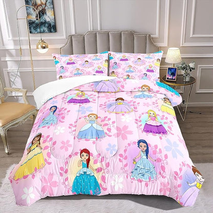 Princess Bedding Full Size Comforter Sets for Girls Bedroom Decor Pink Princess Full Quilt Set with 2 Pillowcases Cute Princess Comforter Set Girls Gifts