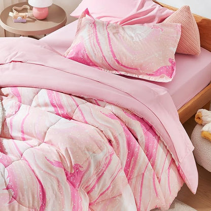 SLEEP ZONE Kids Bedding Comforter Set Full/Queen Size - 7 Pieces Super Cute & Soft Bedding Sets & Collections with Comforter, Sheet, Pillowcase & Sham - Fade Resistant Easy Care (Ice Cream Pink)