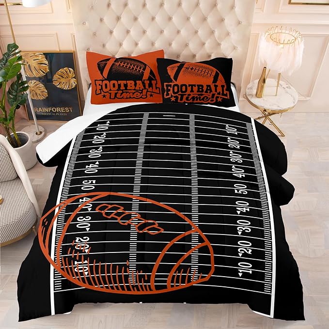 Tailor Shop Sports Football Comforter Set for Boys Kids Teens ，Football Bedding Sets Queen Size Black Rugby Theme Bedding Set with 2 Comforter 2 Pillowcases…