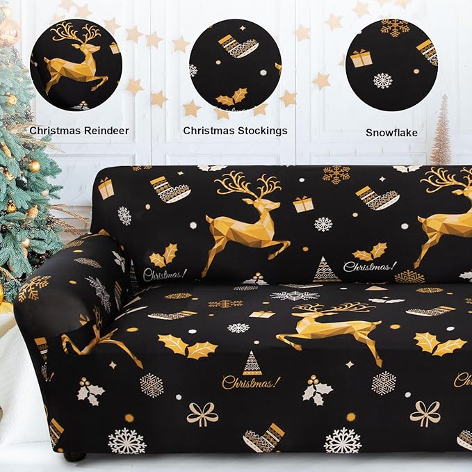 Mybedsoul Christmas Printed Black Sofa Cover Reindeer Printed Elastic Couch Cover Machine Washable Christmas Theme Red Sofa Slipcover for Living Room(2 Seater/Loveseat)