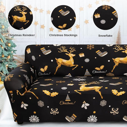 Mybedsoul Christmas Printed Black Sofa Cover Reindeer Printed Elastic Couch Cover Machine Washable Christmas Theme Red Sofa Slipcover for Living Room(2 Seater/Loveseat)