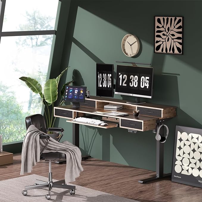 Electric Standing Desk, Multifunctional Standing Desk Adjustable Height, 55 * 24 Standing Desk with 4 Drawers, Ergonomic Adjustable Standing Desk with Keyboard Tray, Rustic Brown
