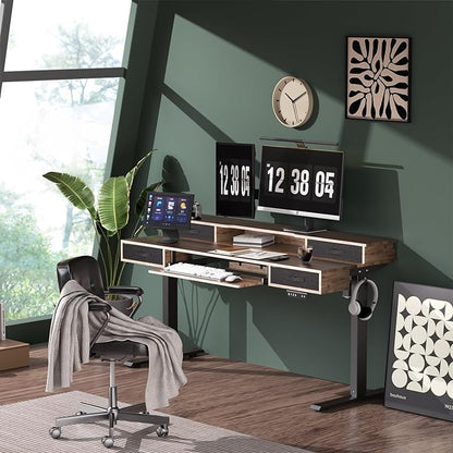 Electric Standing Desk, Multifunctional Standing Desk Adjustable Height, 55 * 24 Standing Desk with 4 Drawers, Ergonomic Adjustable Standing Desk with Keyboard Tray, Rustic Brown
