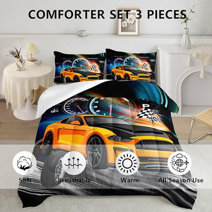 Axolotl Race Car Bedding Set Full Size,Boys Extreme Sports Comforter Set for Kids Boys Car Racing Gifts,Yellow Cool Car Comforter Car Sports Quilt Set 1 Comforter with 2 Pillowcase Car Racing Gifts