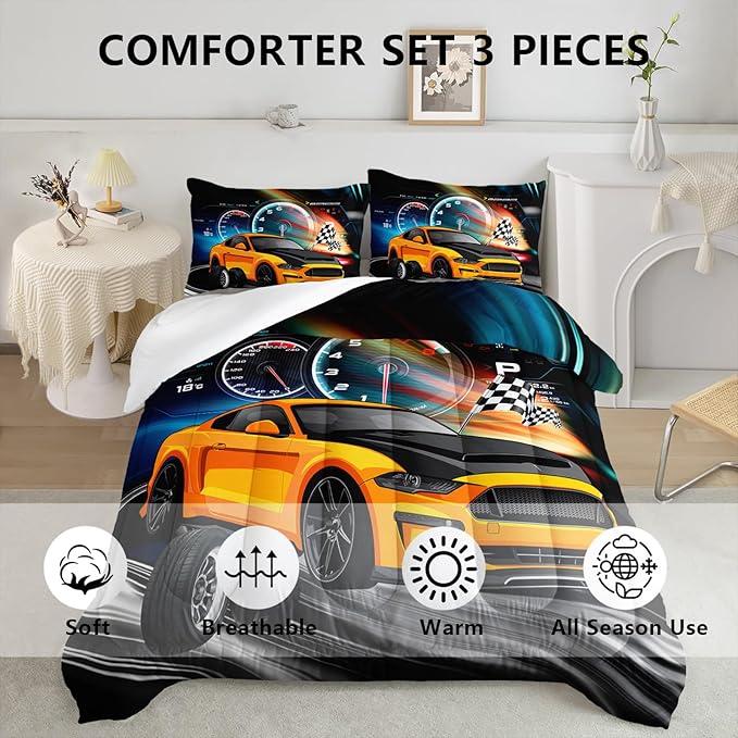 Axolotl Race Car Bedding Set Twin Size,Boys Extreme Sports Comforter Set for Kids Boys Car Racing Gifts,Yellow Cool Car Comforter Car Sports Quilt Set 1 Comforter with 2 Pillowcase Car Racing Gifts