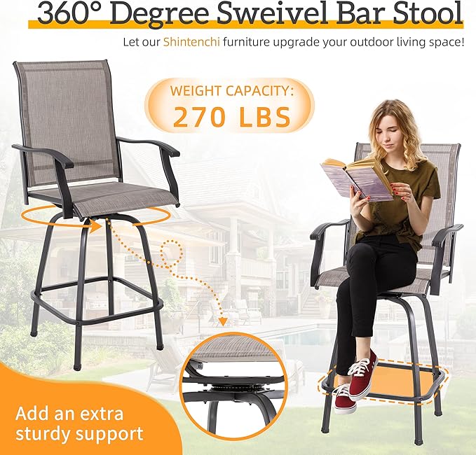 Shintenchi 5 Pieces Outdoor Swivel Bar Set, All Weather Textile Fabric Patio High Bar Stool Bistro Set with 4 Height Back Bar Chairs and Glass Table for Home, Backyard, Garden, Lawn, Porch
