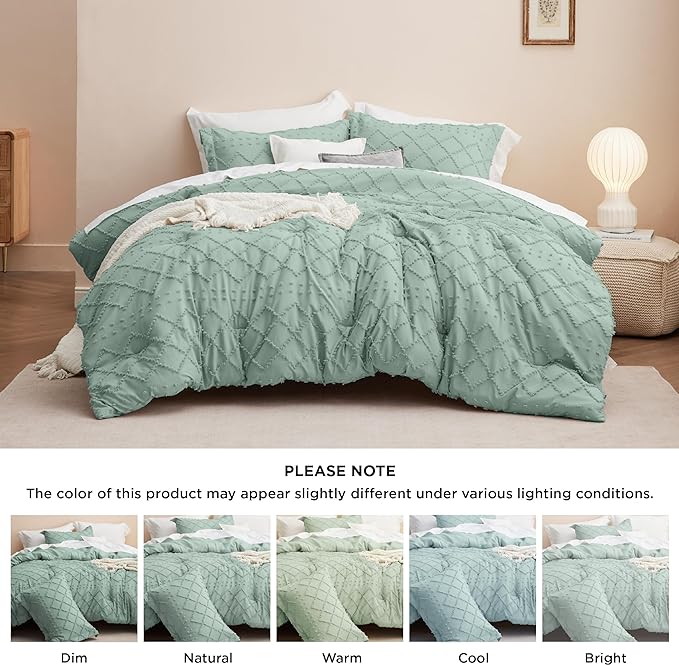 Bedsure Queen Comforter Set - Sage Green Comforter, Boho Tufted Shabby Chic Bedding Comforter Set, 3 Pieces Vintage Farmhouse Bed Set for All Seasons, Fluffy Soft Bedding Set with 2 Pillow Shams