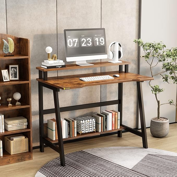 Computer Home Office Desk, 31.5" Desk for Small Spaces with Storage Shelf,Small Computer Desk with Monitor and Bookshelf, Modern Simple Style Laptop Desk