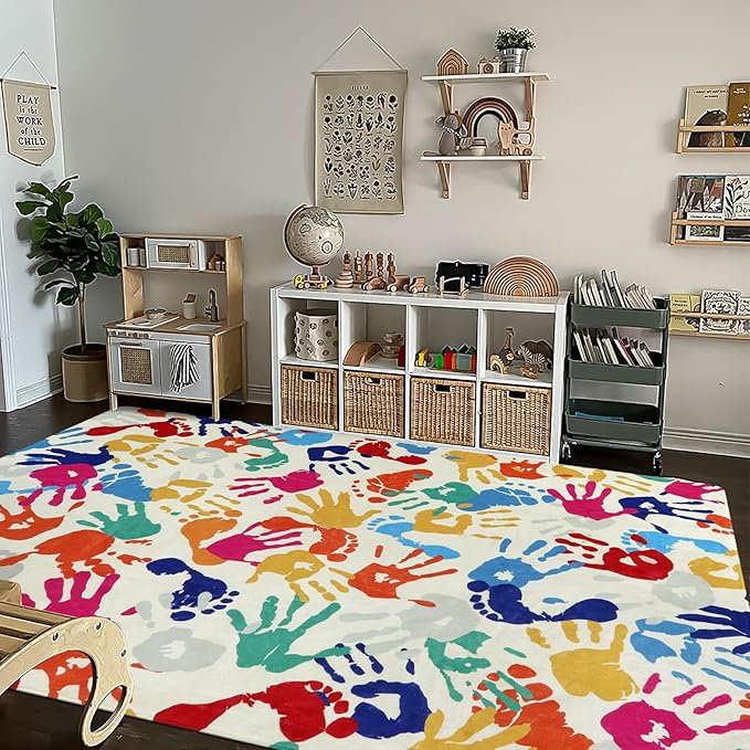 Large Colorful Kids Rug 6x9 Ft, Non-Slip Washable Rug for Classroom, Handprints and Footprints Rugs for Playroom, Soft Nursery Rug Indoor Play Mat for Kids Room Daycare School