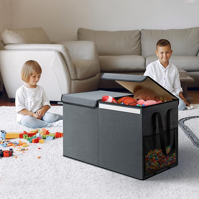 Large Toy Box for Boys Girls Toy Chest Kids Toy Storage Organizer Collapsible Toy Storage Bin Basket with Two Mesh Pockets for Nursery Playroom Bedroom Living Room Organization