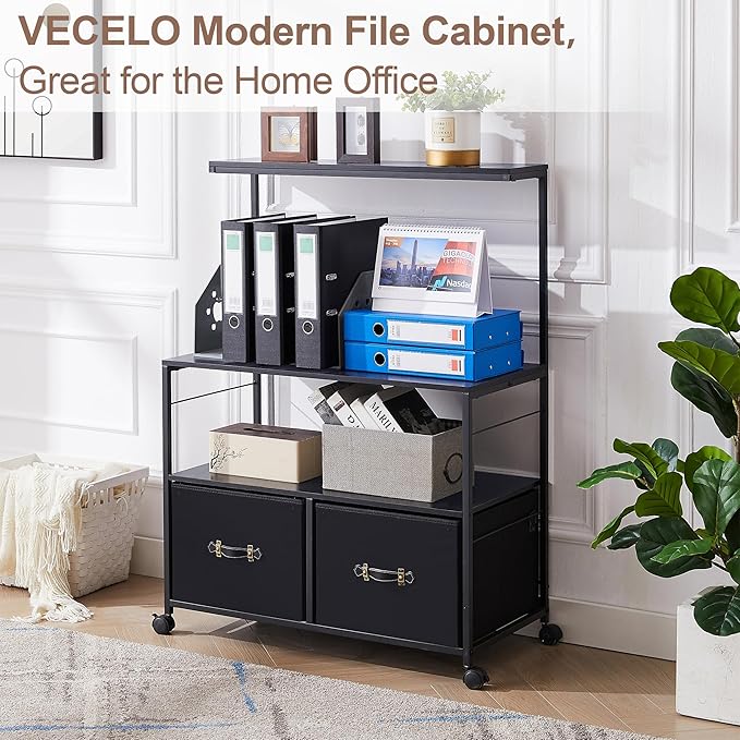 VECELO Mobile Lateral File Cabinet Rolling Printer Stand with 3 Open Storage Shelf, Ideal for Letter Size Folders, with Lockable Casters, Strong Steel Frame, Perfect for Office, Black, 2 Drawer