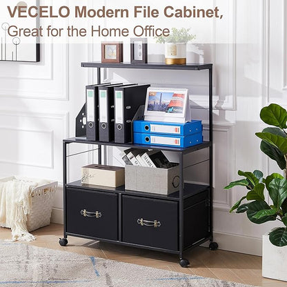 VECELO Mobile Lateral File Cabinet Rolling Printer Stand with 3 Open Storage Shelf, Ideal for Letter Size Folders, with Lockable Casters, Strong Steel Frame, Perfect for Office, Black, 2 Drawer