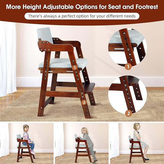 Ezebaby Wooden High Chair for Toddlers to Teens, Adjustable Kids Study Chair with Steps, Kids Dining Chair with Removable Cushion (Nut-Brown)